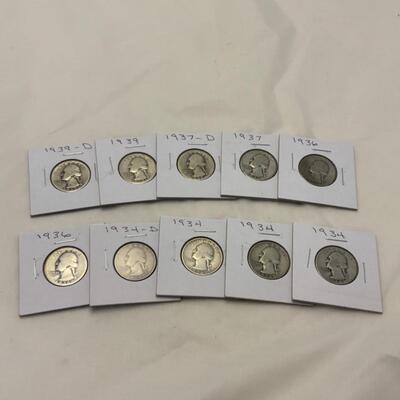 [111] Silver Quarters | Ten Washington Quarters | 1934-1939 | G - VG+