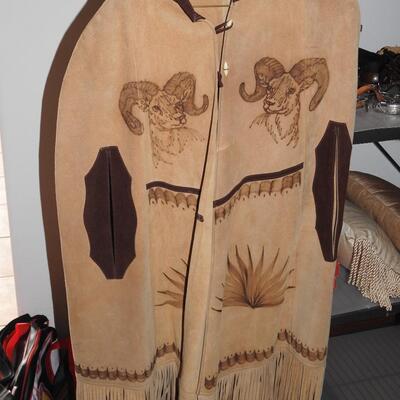 Leather Native American Style Poncho Burnished Rams Headsv