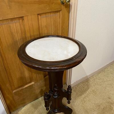 Small Round Carved Wood Antique Accent Table Plant Stand w/ Marble Top