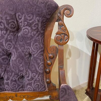 Antique Carved Purple Swirl Velvet Covered Wood Arm Side Fireplace Chair