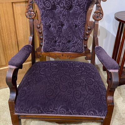 Antique Carved Purple Swirl Velvet Covered Wood Arm Side Fireplace Chair