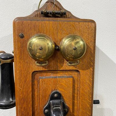 Antique Oak Wall Mount Crank Telephone Phone Utica Fire Alarm Tel. Co