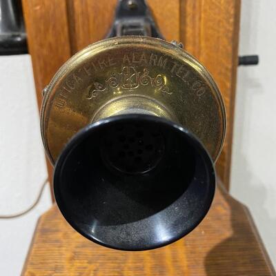 Antique Oak Wall Mount Crank Telephone Phone Utica Fire Alarm Tel. Co
