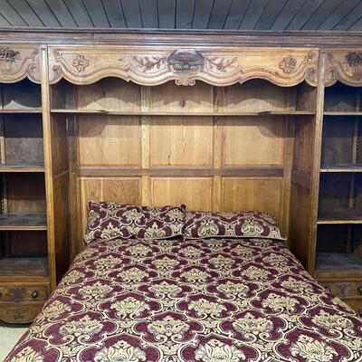 Large Antique Wood Captains Bed Bookcase Headboard Wall Unit