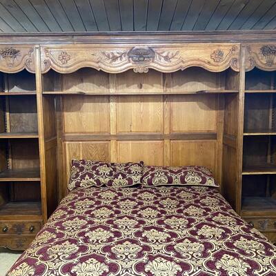Large Antique Wood Captains Bed Bookcase Headboard Wall Unit
