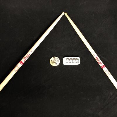 Beatles Collectibles Lot of Wooden Nickel Medallion Stock Eraser and Ringo Starr Drumsticks