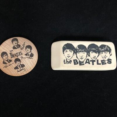 Beatles Collectibles Lot of Wooden Nickel Medallion Stock Eraser and Ringo Starr Drumsticks