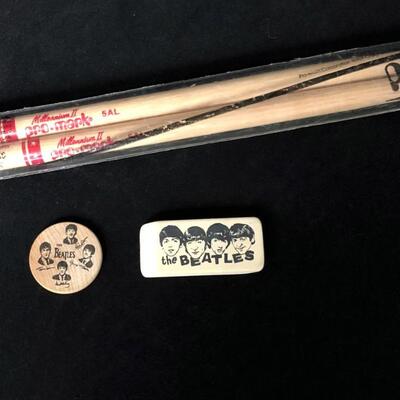 Beatles Collectibles Lot of Wooden Nickel Medallion Stock Eraser and Ringo Starr Drumsticks