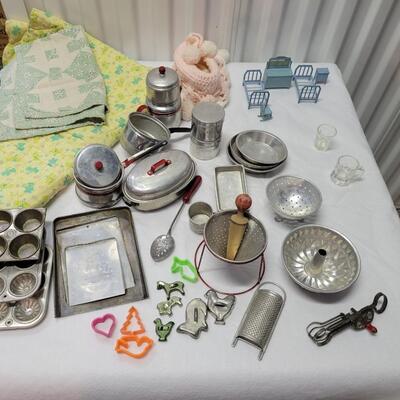 Vintage Bakeware, Doll House Furniture & Table Cloths