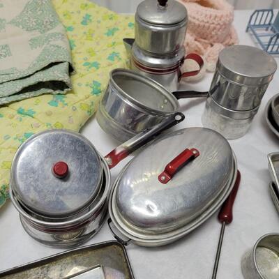 Vintage Bakeware, Doll House Furniture & Table Cloths