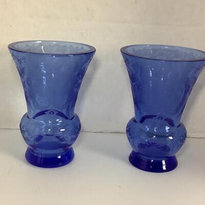 B - 277 Pair of Etched Bohemian Blue Glass Vases