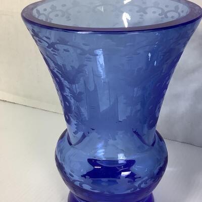 B - 277 Pair of Etched Bohemian Blue Glass Vases