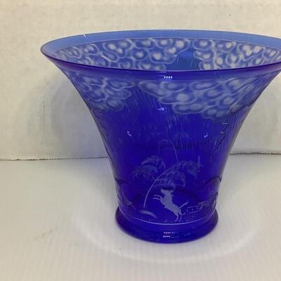 B - 279 Vintage Orrefors Cobalt Blue Etched Glass Vase by Edward Hald