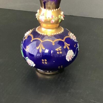 B - 285  Vintage Hand Painted Bohemian Blue Glass Vase