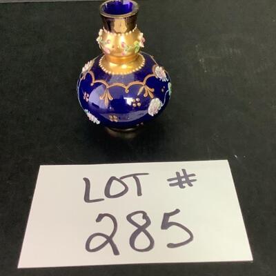 B - 285  Vintage Hand Painted Bohemian Blue Glass Vase