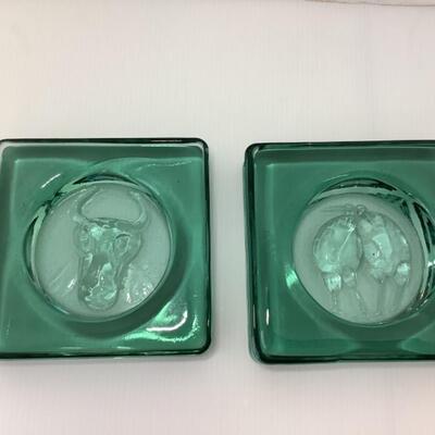 B - 289 Pair of Signed Vintage Green 1960â€™s Swedish Kosta Boda Glass Art by Erik Hoglund