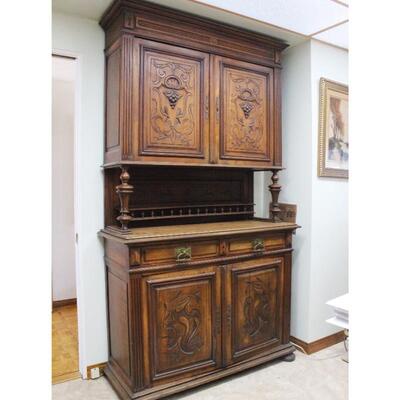 Antique French Carved Wood Buffet Hutch Cabinet