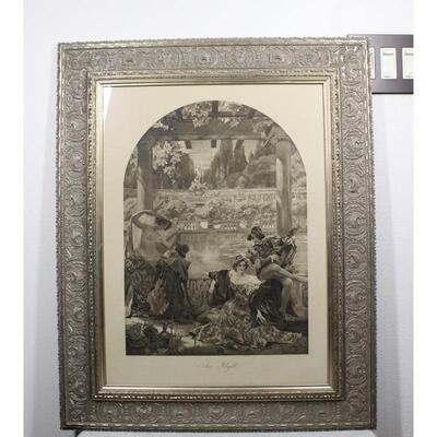 Vintage Framed Nude Nymphs at Fountain of Love Victorian Antique Print