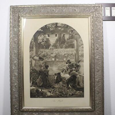 Vintage Framed Nude Nymphs at Fountain of Love Victorian Antique Print