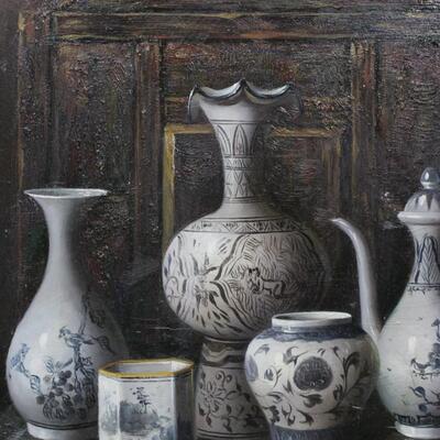 Vintage Framed Still Life Oil Painting Tea Pots & Vases