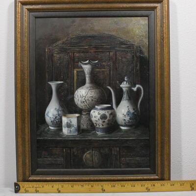 Vintage Framed Still Life Oil Painting Tea Pots & Vases