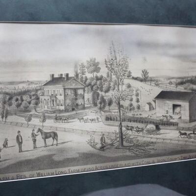 Vintage Framed Print of a 19th Century Homestead Farm Settlement