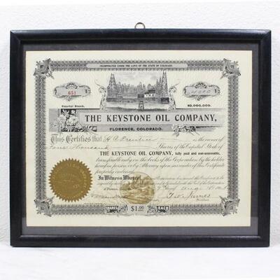 Vintage Framed Keystone Oil Company Stock Certificate