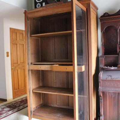 Vintage Large Oak Wood Multi Shelf and Drawers Glass Display Media Cabinet