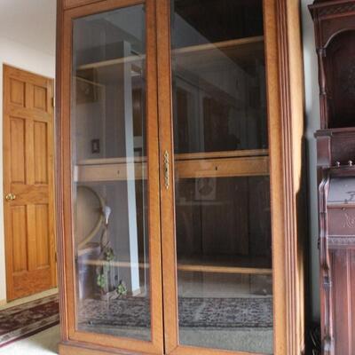 Vintage Large Oak Wood Multi Shelf and Drawers Glass Display Media Cabinet