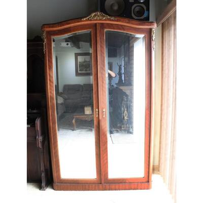 Vintage Antique Two Door Mirrored Multi Shelf & Drawers Armoire Cabinet