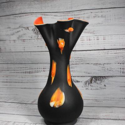 Essie Zareh Baijan Collectible Black & Orange Ruffled Blown Art Glass Vase