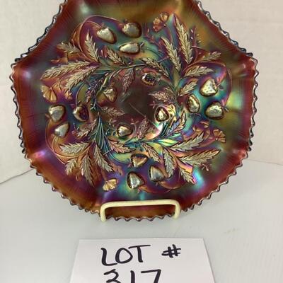 C - 317 Antique Northwood Carnival Glass, Purple Radium Lustre Ruffles Strawberry Bowl