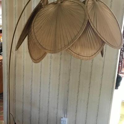 Lot 76: Vintage Mid-Century Brass Modern Hanging Floor Lamp Wicker Fan Shade Design