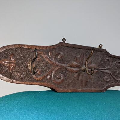 Vintage Carved Wood Wall Coat Rack with Hooks