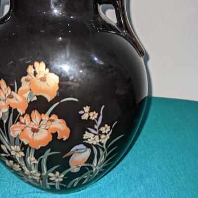 Asian-Inspired Iris Flower Vase in Black Glaze