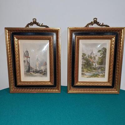 Pair of German/Swiss Small Art Prints/Lithos Framed