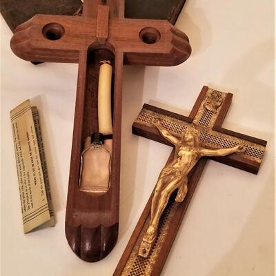 Lot #202  Religious Lot - antique sick call crucifix, prayer books, etc