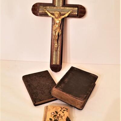 Lot #202  Religious Lot - antique sick call crucifix, prayer books, etc