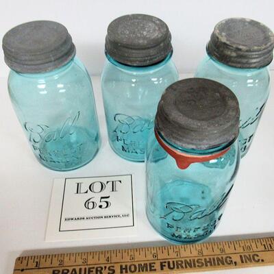 Lot of 4 Old Teal Ball Canning Jars With Covers