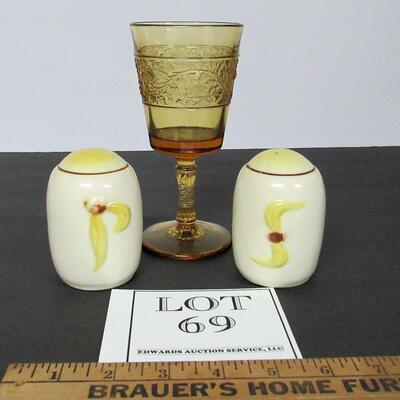 Amber Pressed Glass Goblet, Pair Pottery Shakers, Unmarked