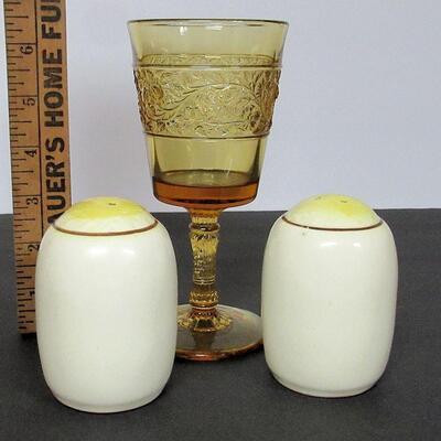 Amber Pressed Glass Goblet, Pair Pottery Shakers, Unmarked