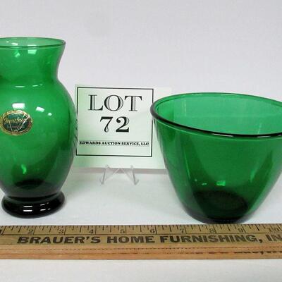 Forest Green Vase and 5 1/2" Anchor Hocking Mixing Bowl