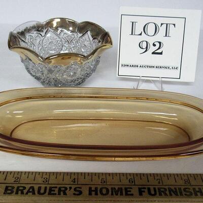 Vintage Amber Glass Tray and Pressed Glass Bowl