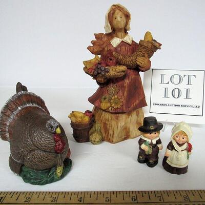 Lot of Thanksgiving Decor, Ceramic Turkey, Resin Lady, Hallmark Miniatures