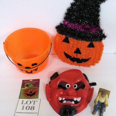 Halloween Lot Pail, Rubber Mask, Pin, More