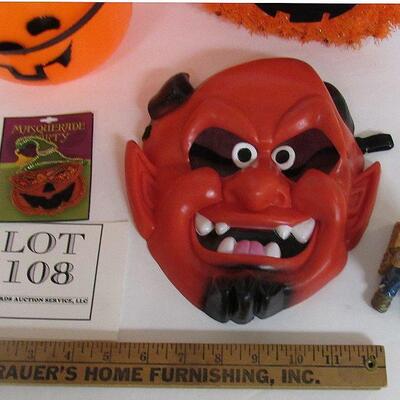 Halloween Lot Pail, Rubber Mask, Pin, More