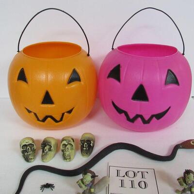 2 Halloween Blow Mold Buckets, 4 Hard Plastic Skulls, Rubber Snake, More