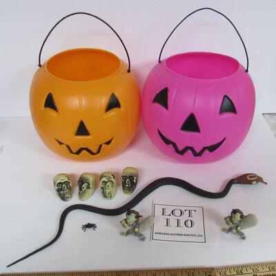 2 Halloween Blow Mold Buckets, 4 Hard Plastic Skulls, Rubber Snake, More