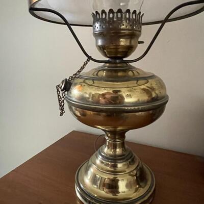 Vintage Brass Oil Lamp with Milkglass Shade