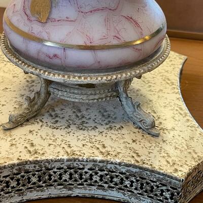 Vintage Hand Painted Gold White & Pink Floral MILK GLASS LAMP Metal Base